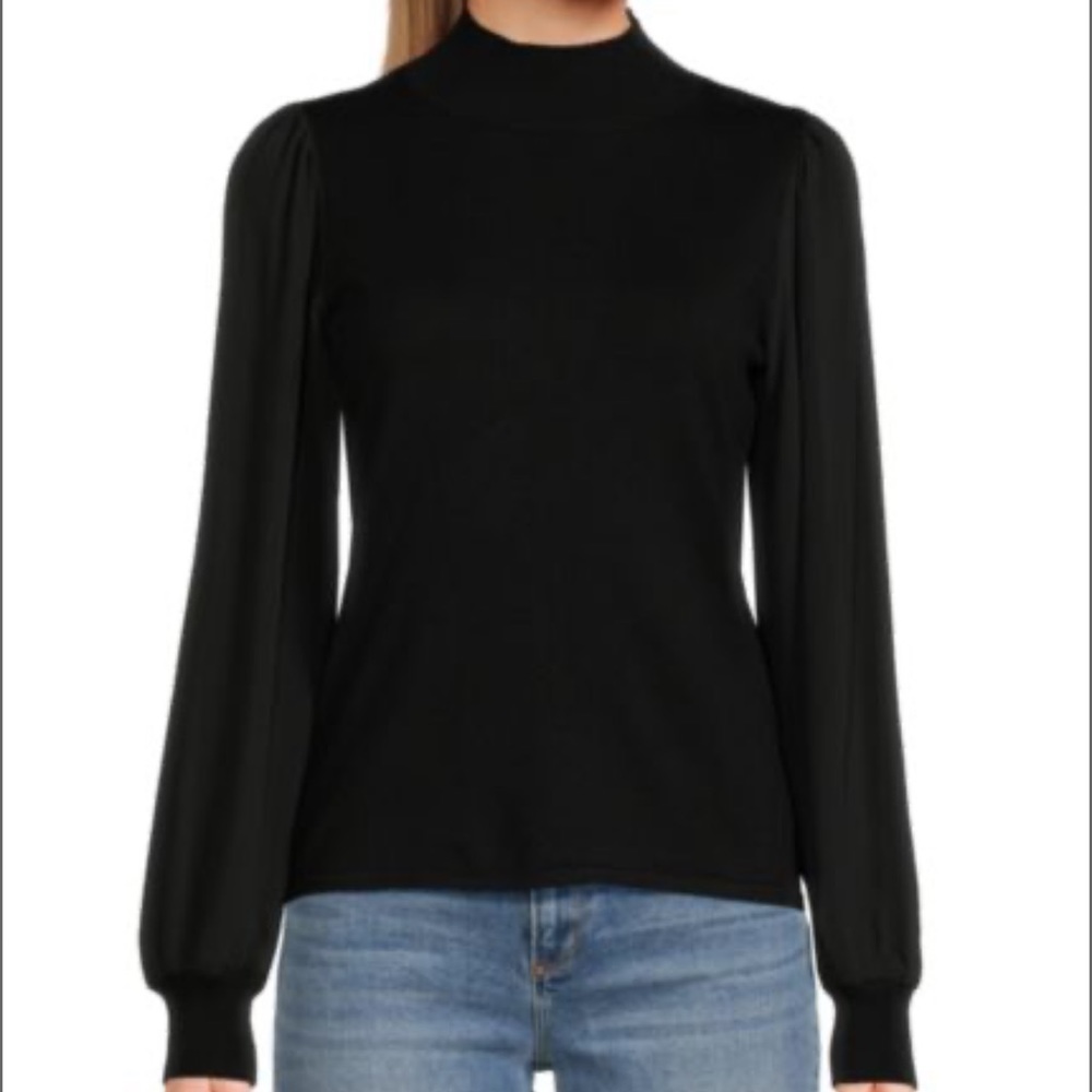 Anne Klein Black Mock Neck Sweater with Polka Dot Sheer Sleeves